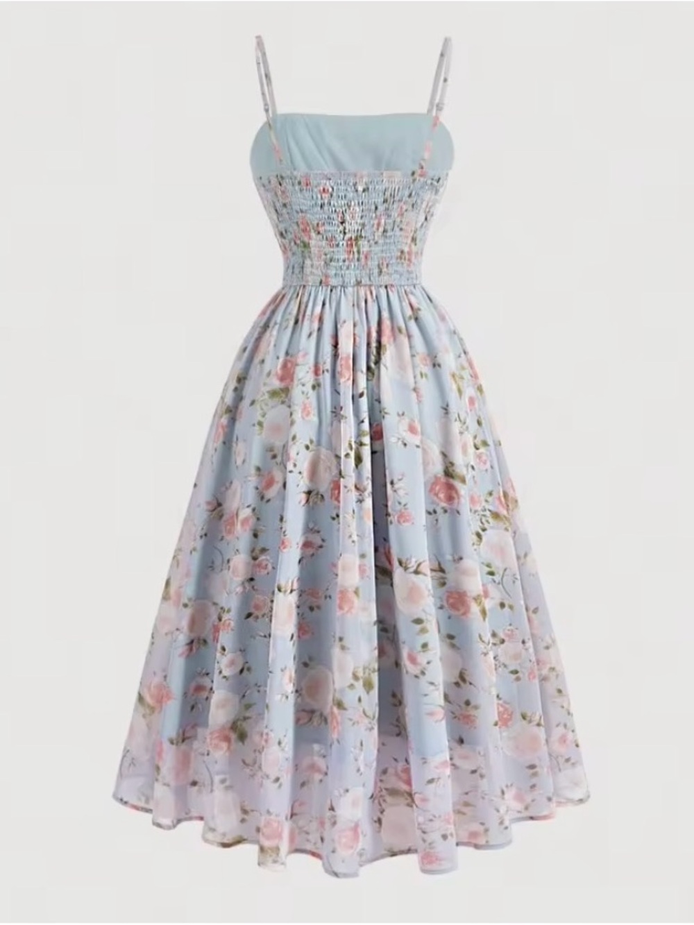 Pastel Blue Floral A-Line Midi Dress with Pink Ribbon - Picture 2 of 4